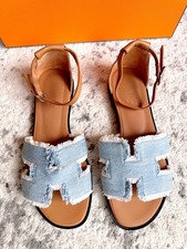 Hermes Santorini Denim Frędzle Brązowe Skórzane Niebieskie Sandały Kostki Płaskie RZADKIE 37 na sprzedaż  Wysyłka do Poland
