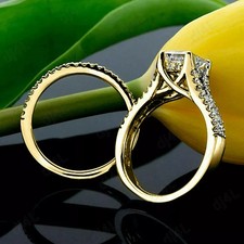 Conjunto de anel de noiva feminino folheado a ouro amarelo 14k com diamante simulado princesa 2,5 quilates comprar usado  Enviando para Brazil