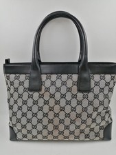 Bolsa tote de lona GUCCI GG 002 1119 couro cinza preto com zíper autêntica comprar usado  Enviando para Brazil