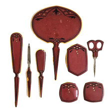 Antigo 8 Pçs Art Deco Celuloide Marrom Vaidade Conjunto Pincel Espelho Frascos Manicure comprar usado  Enviando para Brazil