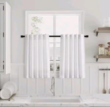 Usado, Conjunto de 2 painéis de cortinas de café brancas 24 polegadas comprimento aba traseira linho cortinas de cozinha comprar usado  Enviando para Brazil