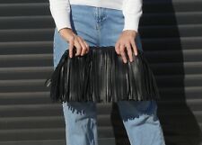 Bolsa clutch nuvem feita à mão couro preto genuíno com franjas e moldura com borlas comprar usado  Enviando para Brazil