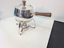 Conjunto de fondue antigo bandeja base queimador suporte panela aço inoxidável com detalhes em madeira comprar usado  Enviando para Brazil