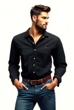 NOVO - Tommy Hilfiger - Camisa Butn - Masculina L 45x29 34" Slv - Contn/Spdx LS - Preta comprar usado  Enviando para Brazil