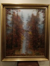 Duży obraz olejny A. Tirecki 94, las jesienny, 80x100 cm, rama 100x120 cm na sprzedaż  PL