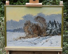 Janis Saulriets – Krajobraz zimowy – Olej na tekturze – sygnowany – z ramą na sprzedaż Janis Saulriets – Krajobraz zimowy – Olej na tekturze – sygnowany – z ramą na sprzedaż  PL