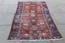 Tapete vintage usado feito à mão tradicional oriental lã desbotada vermelho azul 200x113cm comprar usado  Enviando para Brazil