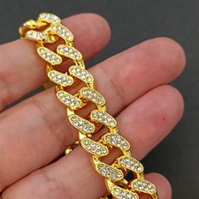 Usado, Pulseira masculina de elos cubanos folheada a ouro com diamantes simulados largos planos presente hip hop comprar usado  Enviando para Brazil