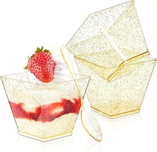 Mini tazas de postre con brillo dorado de 3,5 OZ con cucharas paquete de 50 postres de plástico dorado C segunda mano  Embacar hacia Mexico