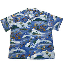 Camisa havaiana RJC 3XL (*LEIA) azul peixe oceano palmeiras montanha, usado comprar usado  Enviando para Brazil