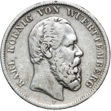 Rzesza Niemiecka - Wirtembergia - Karol - J. 173 - moneta - 5 marek 1876 F - srebro na sprzedaż  PL