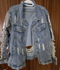 Jeansjacke destroyed pailetten gebraucht kaufen  Uffing