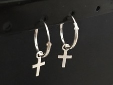 925 Sterling Silver Cross Sleepers Hoops Brincos 12mm Pendurado Pequeno Charme  comprar usado  Enviando para Brazil