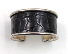Bracelete Labelle pesado prata esterlina e couro de réptil preto largo 1 1/4" comprar usado  Enviando para Brazil