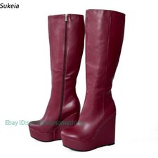Botas femininas de inverno joelho salto cunha fosca biqueira redonda lindos sapatos taco vinho vermelho, usado comprar usado  Enviando para Brazil