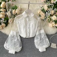 Camisa feminina de malha de renda folhada manga longa blusa top botão bordado elegante nova comprar usado  Enviando para Brazil