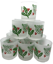 Juego 14 vasos vintage de hojas de acebo esmerilados 8 oz barra de Navidad rocas antiguas segunda mano  Embacar hacia Mexico