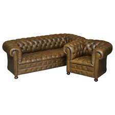 DESLUMBRANTE SOFÁ E POLTRONA VINTAGE TOTALMENTE TUFADOS CHESTERFIELD COURO VERDE OLIVA comprar usado  Enviando para Brazil
