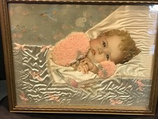 Moldura e quadro vintage 12"x15" cabelo loiro bebê cetim cobertor laços fitas azul rosa comprar usado  Enviando para Brazil