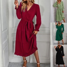 Vestido de baile feminino outono cor sólida swing casual longo vestido midi gola V feminino, usado comprar usado  Enviando para Brazil