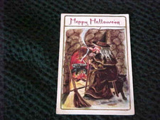 CARTÃO POSTAL DE HALLOWEEN BRUXA GATO PRETO CALDEIRÃO VASSOURA LAREIRA CHAPÉU ROUPÃO VINTAGE comprar usado  Enviando para Brazil
