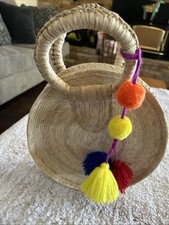 Bolsa de palma 100% autêntica colombiana Wayuu feita à mão palha Iraca pompons multicoloridos comprar usado  Enviando para Brazil