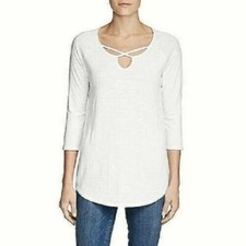 Túnica DEFECT Eddie Bauer feminina manga 3/4 frente cruzada branca tamanho G $50 EE359 comprar usado  Enviando para Brazil