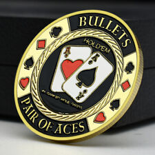 Texas Hold'em Poker Card-Guard Chip Coin Par de ACES Banhado a Ouro Medalha da Sorte comprar usado  Enviando para Brazil
