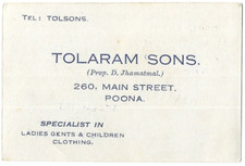 Cartão de visita vintage Tolaram Sons Poona Índia loja de roupas D. Jhamatmal década de 1940 comprar usado  Enviando para Brazil