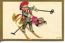"Children skiing" Old vintage Italian, artist signed, postcard comprar usado  Enviando para Brazil