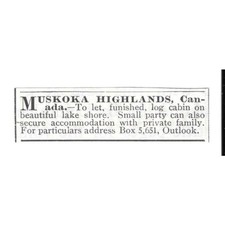 Muskoka Highlands Canadá cabine de madeira mobilada para deixar 1903 anúncio de revista SAG6-S10 comprar usado  Enviando para Brazil