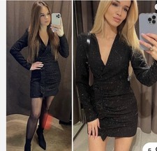 Używany, ZARA CZARNA TEKSTUROWANA SUKIENKA SPLOTOWA Z FALBANĄ Rozmiar s na sprzedaż  Wysyłka do Poland