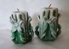 2 velas de coluna de cera de parafina esculpidas à mão vintage verde branco 4" Croácia  comprar usado  Enviando para Brazil