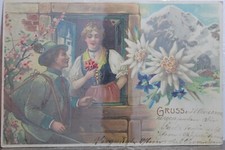 Usado, Cartão postal antigo vintage com vista para cartão de saudações casal alemão espingarda flores da montanha comprar usado  Enviando para Brazil