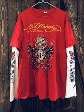 Camisa masculina de algodão vintage ED HARDY `DEATH BEFORE DISONOR" vermelha manga longa GG comprar usado  Enviando para Brazil