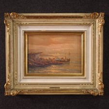 Pintura a óleo assinada Paesaggio marinha século XX pescador pôr do sol comprar usado  Enviando para Brazil