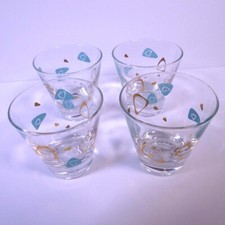 4 copos de shot vintage MCM Federal Amoeba Atomic Boomerang ouro turquesa 3 onças oz comprar usado  Enviando para Brazil