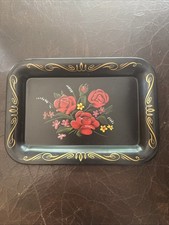 Mini bandeja de servir floral vintage 1950 5x7 pintada à mão metal preto e vermelho comprar usado  Enviando para Brazil