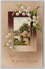 Cartão postal vintage lírio do vale paisagem flor lago casa barco melhores desejos comprar usado  Enviando para Brazil