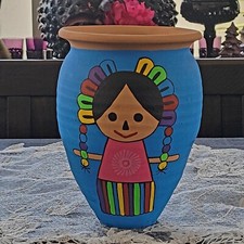Arte folclórica Mexicana Argila Cerâmica Menina Vaso Pintado À Mão Azul comprar usado  Enviando para Brazil