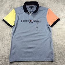 Camisa polo masculina Tommy Hilfiger M colorblock azul amarelo pêssego logotipo elástico comprar usado  Enviando para Brazil