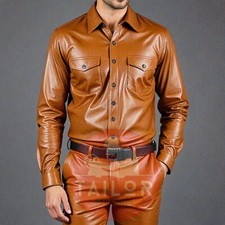 Conjunto social causal masculino de couro de cordeiro genuíno calça e camisa estilo bolso comprar usado  Enviando para Brazil