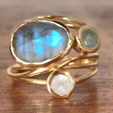 Anel criativo ouro 14K pedra da lua azul água concha joias de casamento presentes tamanho 6-10 comprar usado  Enviando para Brazil