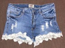 Shorts jeans tamanho grande desgastado lavagem média corte parte inferior de renda denim blvd comprar usado  Enviando para Brazil