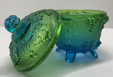 Usado, Tigela de doces vintage 1950 Jeanette com pés de vidro prato com tampa azul verde ombré comprar usado  Enviando para Brazil