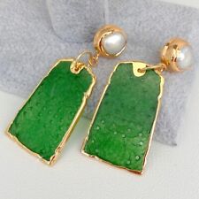 Brincos pendurados esculpidos em jade verde pérola branca cultivada, usado comprar usado  Enviando para Brazil