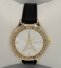 Relógio feminino Torre Eiffel moda redondo tom dourado pulseira de couro preto L5 comprar usado  Enviando para Brazil