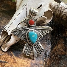Pingente Thunderbird prata esterlina 925 com turquesa e coral vermelho italiano, usado comprar usado  Enviando para Brazil