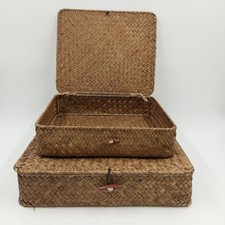 2 cestas de almacenamiento de mimbre de pastos marinos con tapas organizador plano decoración del hogar 13"x11"x3" segunda mano  Embacar hacia Mexico