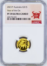 Austrália 2021 P A Prova De Ouro $15 Ano Lunar Do Ox Ngc PF70 Moeda De 1/10 Oz comprar usado  Enviando para Brazil
